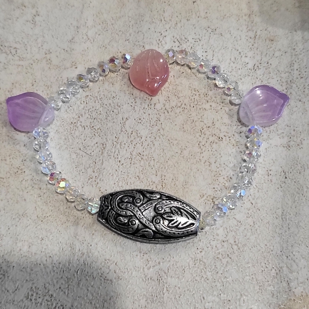 Elegant Silver and Pink Crystal Beaded Bracelet